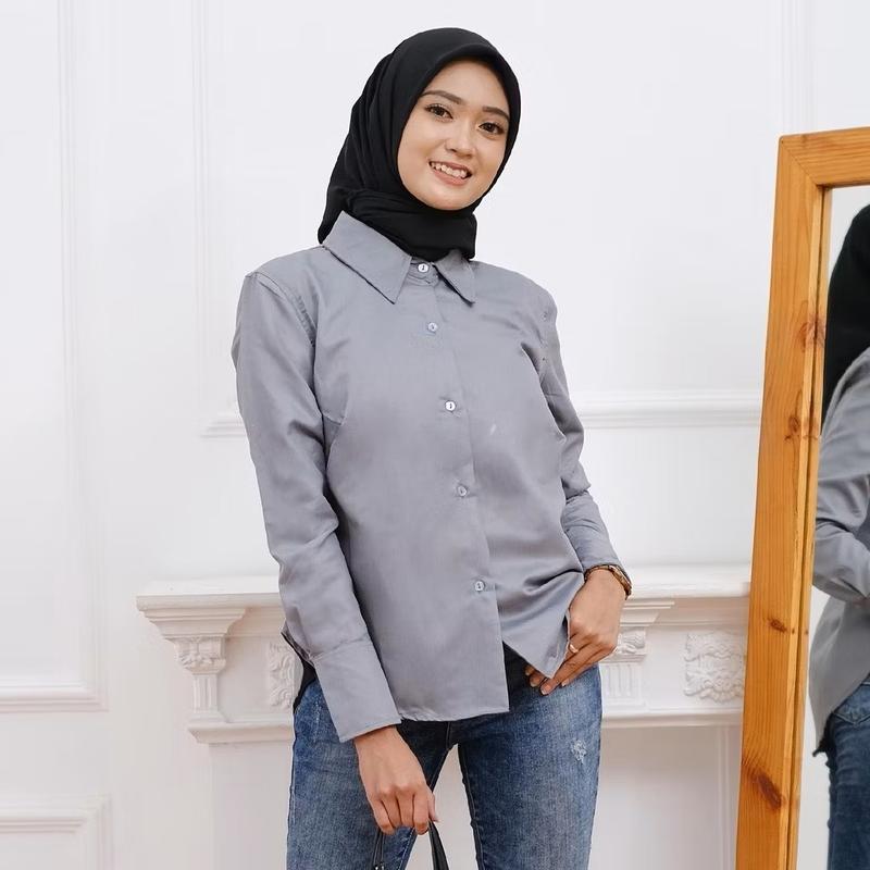 Baju Atasan Kemeja Shakilla Wanita Casual Motif Polos Lengan Panjang Kancing Aktif 9
