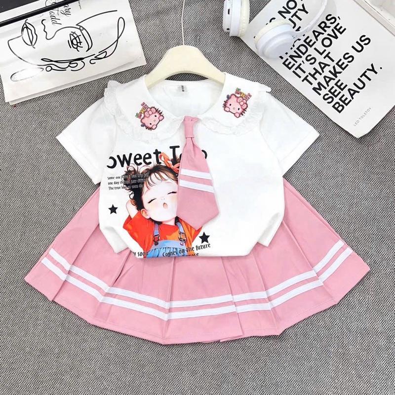 22-34kg Set váy học sinh áo cotton CỔ ÁO HÌNH KITTY KÈM CÀ VẠT cho bé gái đi học đi chơi đều đẹp
