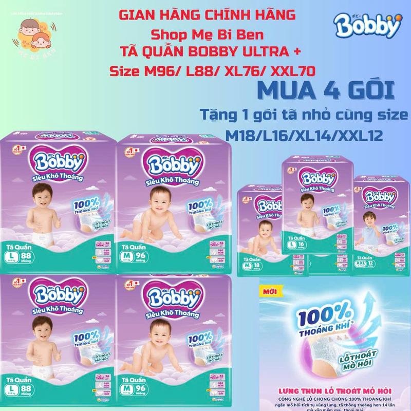 [Mua 4 gói tặng 1 gói nhỏ cùng Size] Tã bỉm quần Bobby ULTRA+ siêu khô thoáng XL76 XXL70 M96 L88  miếng