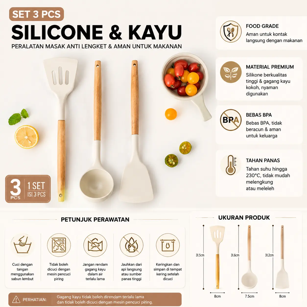 Set 3 Alat Masak Silikon Bergagang Kayu dengan Spesifikasi Sesuai Produk