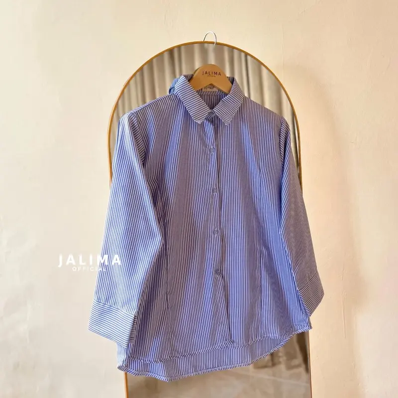 JALIMA Julia Top Kemeja Slim Fit Salur Stripe Tali Belakang 5