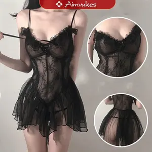setelan piyama anime wanita renda suspender v-neck unisex