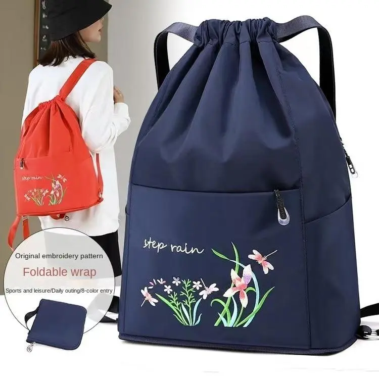 Casual bag Women's fashion bundle pocket  drawstring  embroidered fabric bag folding travel bag ladies backpack #738