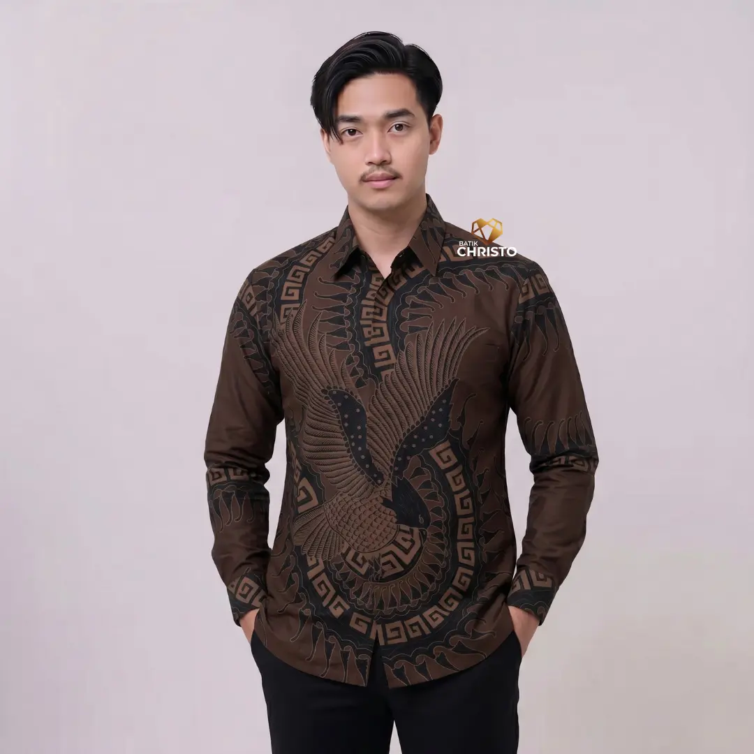 Kemeja Batik Pria Lapis Furing Premium 1250 Batik Christo Slim Fit Baju Kain Motif Panjang Printing Nyaman Coklat