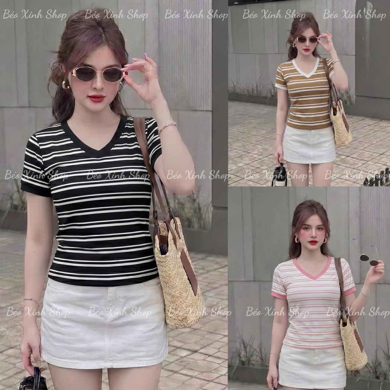 Thời Trang Bigsize Áo Thun Tay Ngắn Phối Cổ Tim Cao Cấp Thanh Lịch Vải Thun Cotton Sọc Đôi Mềm Mát Bigsize Từ 45 - 90Kg Dễ Thương Top Nữ Women - B.1815