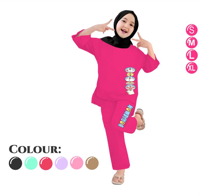 Baju Setelan Anak Perempuan - Pakaian Kaos dan Celana Panjang Anak Cewek Fashion Motif Belah Usia 4-13 Tahun - DORAEMON HEAD 4