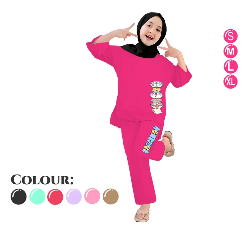 Baju Setelan Anak Perempuan - Pakaian Kaos dan Celana Panjang Anak Cewek Fashion Motif Belah Usia 4-13 Tahun - DORAEMON HEAD 4