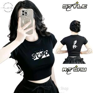 Áo Thun Croptop Basic Form Ôm Body Nữ Cổ Tròn Tay Ngắn In Hình 2 Mặt "Top-Silent DisOut", Kích Cở S M L, Women Sò Sen Hoa Sen Dáng Ngắn Thun