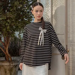 HijabChic Mayumi Stripe Tops Atasan Kaos Casual Basic Combed Garis Kerah Crewneck Hitam Pink Soft Nyaman Cute Girly Panjang Top Wanita Baju Katun