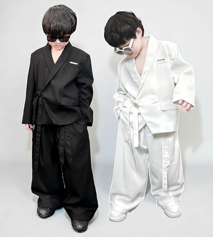  Q2515 - Bộ quần áo vest chất thô đũi mềm vải kiểu xước sần chỉ rất cá tính 2 lớp bên trong quần áo có lót lụa mềm phối dây buộc vải đũi cho bé trai và bé gái 