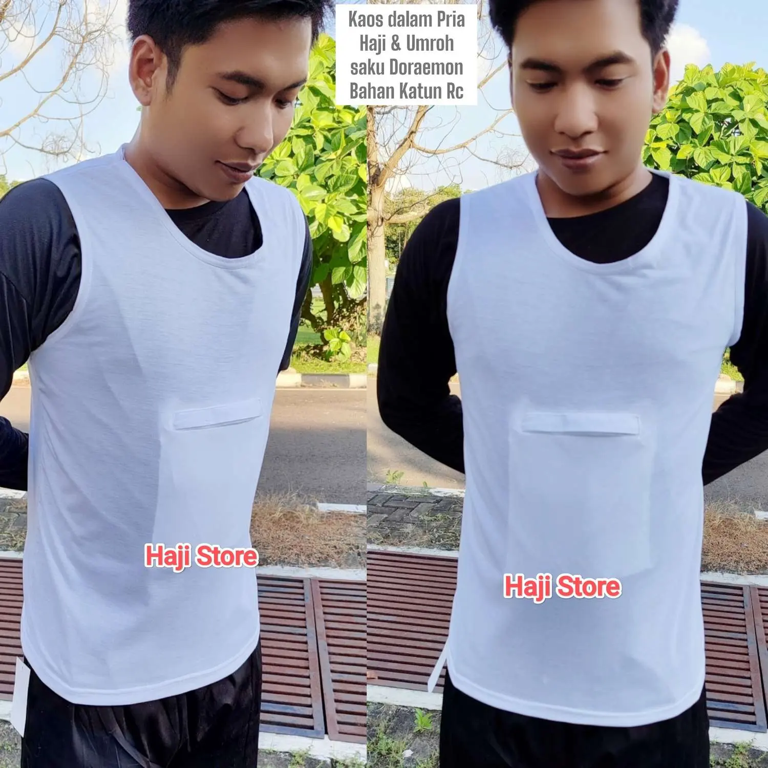 Kaos dalam Peria Haji dan Umroh Katun RC dengan Saku Resleting Bagian Dada Singlet