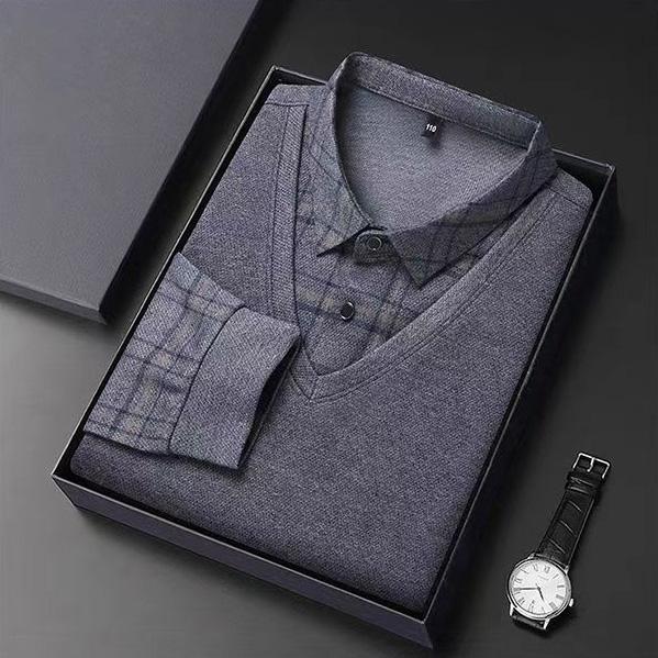 Product Introduction of Men's silk fabric fake two POLO loose grid solid color casual T-shirt with silk print top Menswear Lingerie 6