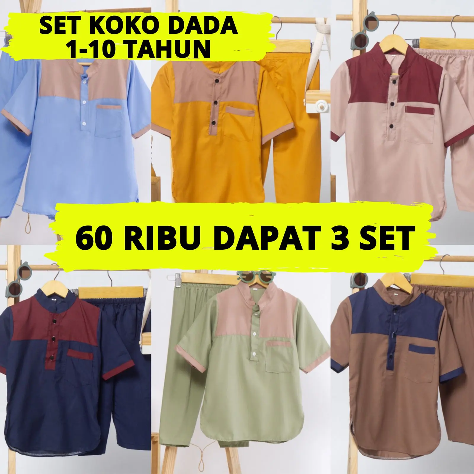 SETELAN KOKO KURTA ANAK USIA 1-10 TAHUN 60 RIBU DAPAT 3SET VARIASI DADA POLOS MLXL 81012