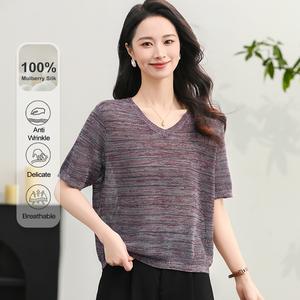 MuMeng [100% Mulberry Silk ] Lightweight Breathable V-Neck Striped Knit Top Women's Summer Short Sleeve Sweater for Daily & Office Wear Anti Wrinkle Delicatefice Wear5180