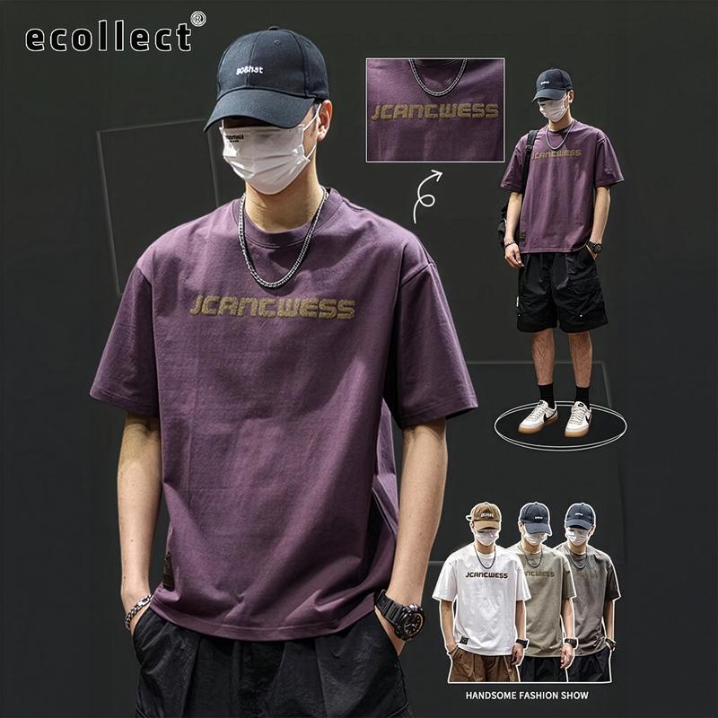 Áo Thun Nam Tay Ngắn ECOLLECT CT21 Form Rộng Cổ Tròn, Áo Phông Cotton Thêu Chữ Nổi 3D Phong Cách Mùa Hè