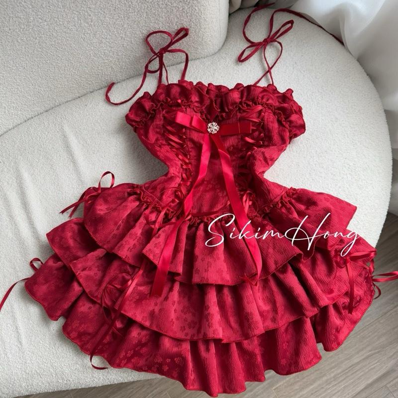 D591HT Đầm thiết kế hai dây đính nơ dáng corset đan dây siết eo bèo xòe 3 tầng phong cách công chúa tiểu thư SIZE S Nữ Women
