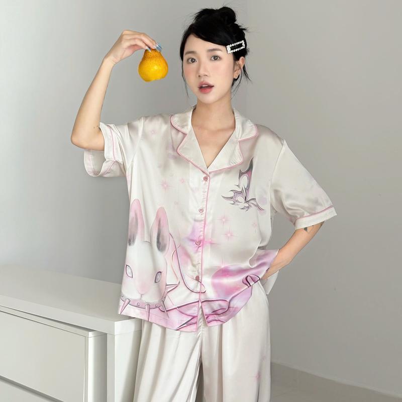 Bộ Pijama Lụa Nữ Tay Ngắn Galaxy Bunny - Đồ Ngủ Pyjama Thiết Kế Sang Trọng ELRever 0925S10