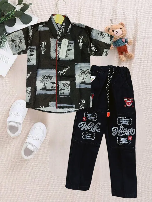 Setelan Kemeja Bermotif Celana Denim Hitam Sobek Panjang Usia Anak 1-12 Tahun 3