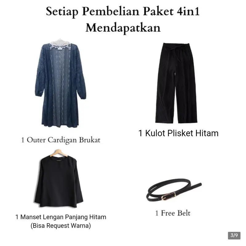 Bundling 4in1 - Oneset Kondangan Setelan Wanita Brokat Atasan Long Cardigan Bawahan Celana Kulot Plisket Lidi Kekininan Panjang Muslim Baju Dewasa Hitam 1