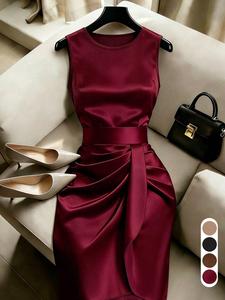 Vestido midi tejido brillante, cuello redondo sin mangas, color vino, elegante para la oficina, diseño plisado asimétrico, cinturón de cintura alta, Ffsp2666