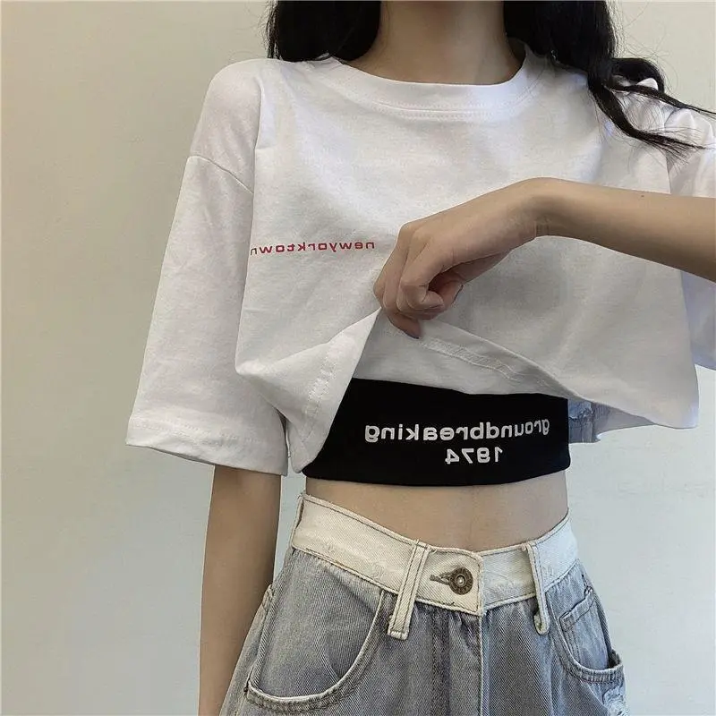 Áo Phông, Một Mảnh / Hai Mảnh, Áo Ngắn, Dáng Rộng Vừa Vặn, Cạp Cao, Phong Cách Hàn Quốc, Thích Hợp Cho Mùa Hè, Áo Nữ