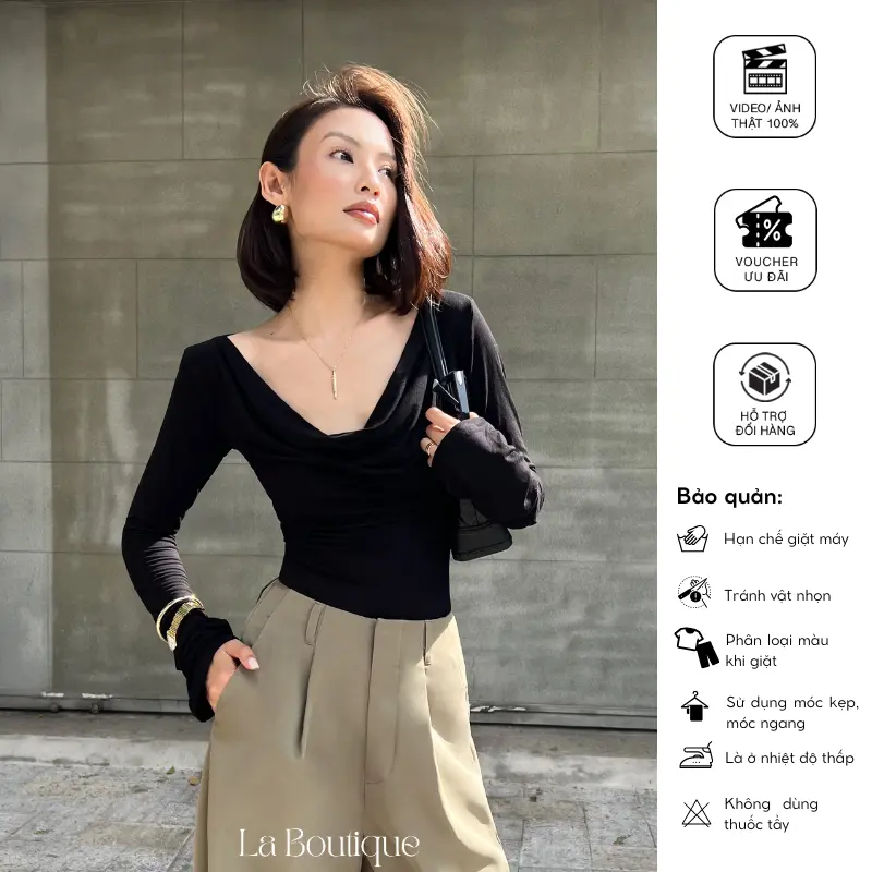 La Boutique - Áo thun cổ đổ tay dài kiểu hở lưng cao cấp Nữ