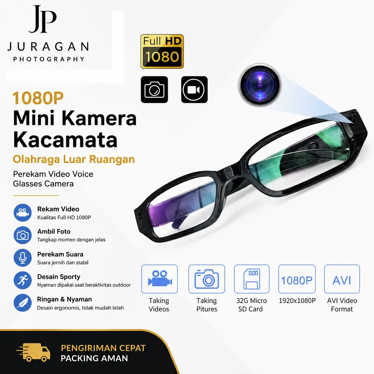 JP Kacamata Kamera Mini 1080P Full HD Video Recorder Spy Cam Glasses Voice Recorder Micro SD