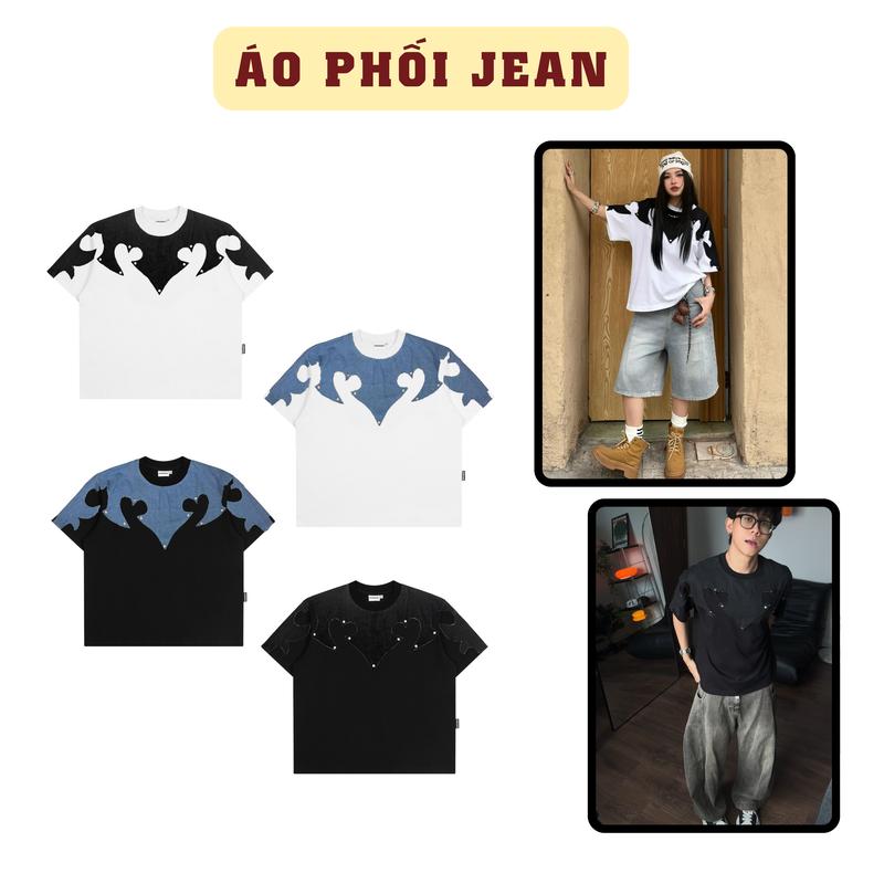  SAIGONESE Áo Thun Phối Jean Form Boxy Unisex Nam Nữ 2 Màu - Hot Trend TikTok Chất Liệu Cotton Cao Cấp Thoáng Mát Phong Cách Đường Phố Hiện Đại 