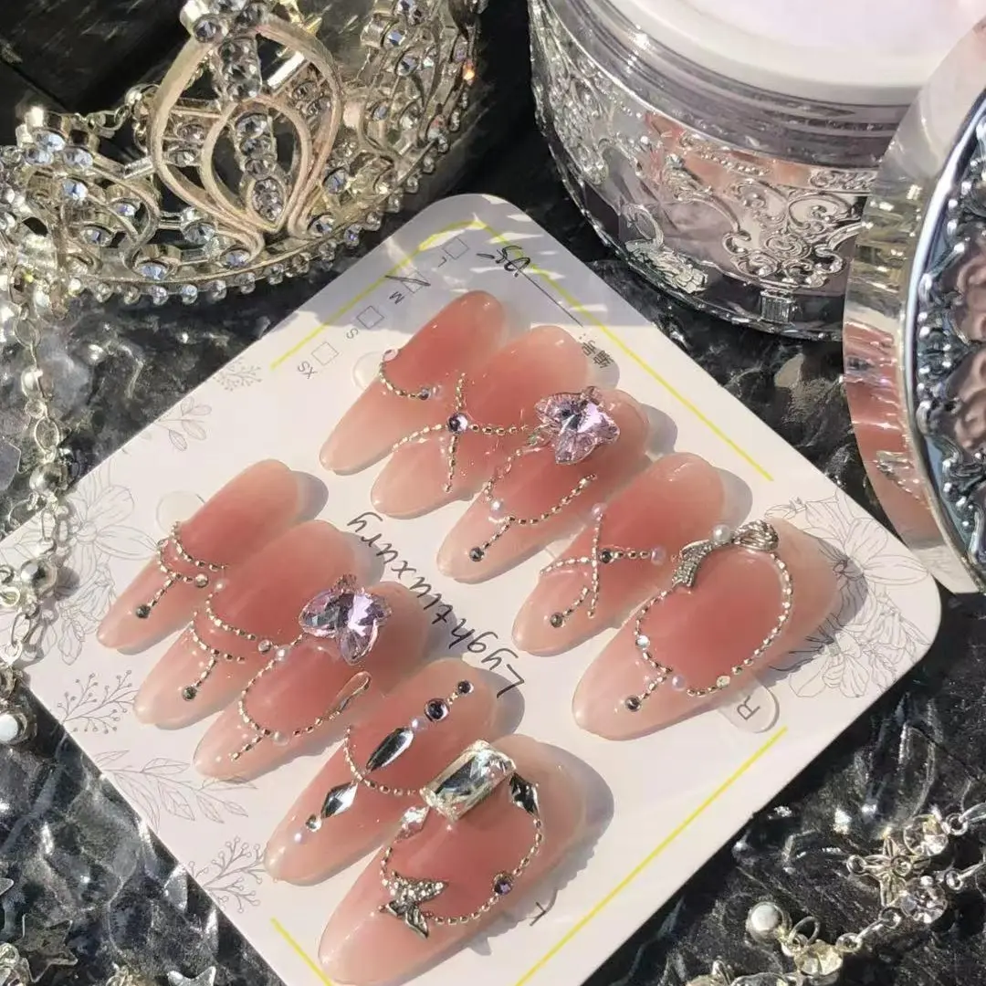 【SMSN】Light luxury temperament princess splicing broken diamond blush pure handmade wear almond nail 10 pieces