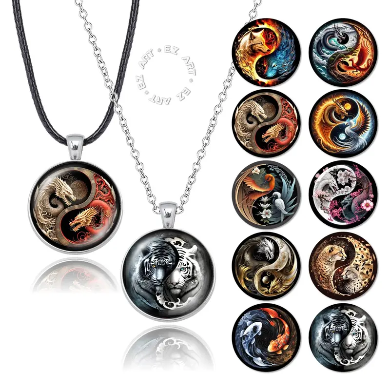 Kalung Liontin Yin Yang Art Kaca Cembung Tali Kulit Rantai Stainless Steel 1