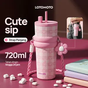 LOTOMOTO (Cute Sip 720ML) Tumbler Kopi Stainless Steel dengan Lapisan Keramik, Termos Vacuum, Tutup Multifungi Tahan Pans Dingin 24 Jam Botol Minum Lucu Aesthetic Portable