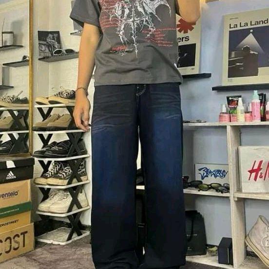 Celana Jeans Wisker Pria Wanita Unisex Wide Leg Lebar Gombrong Skena Black Wisker pria loose fit jumbo big keren Bahan Denim Celana jeans gombrong Korean style Panjang Hitam 3