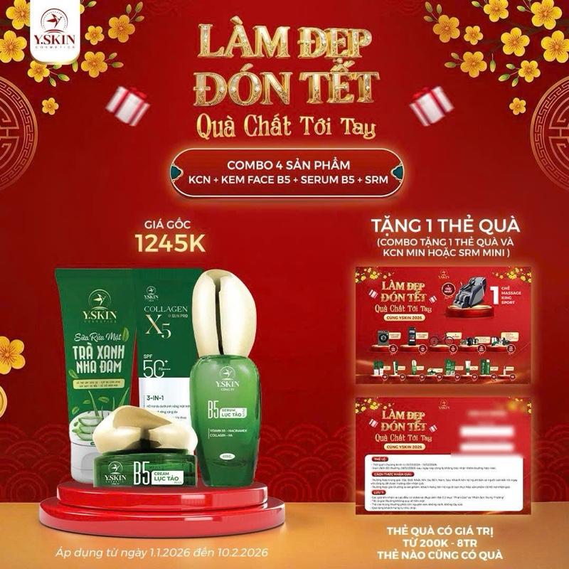    MUA 4 TẶNG 1 THẺ QUÀ    Combo 4 mới  Combo 4 Sản Phẩm Dưỡng Da Sun pro  Y.SKIN  Gồm  Sữa rửa mặt + KCN  - Serum b5 lục tảo - Kem face B5      Mua combo 4 tặng 1 thẻ quà và srm hoặc kcn mini  
