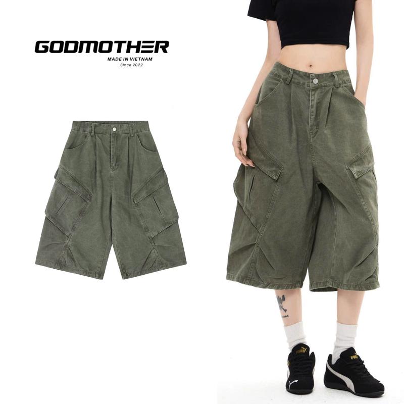  Quần Short Lửng Kaki GODMOTHER Quần Wide Leg Kaki Phối Túi Hộp Unisex Phong Cách Retro Cá Tính 