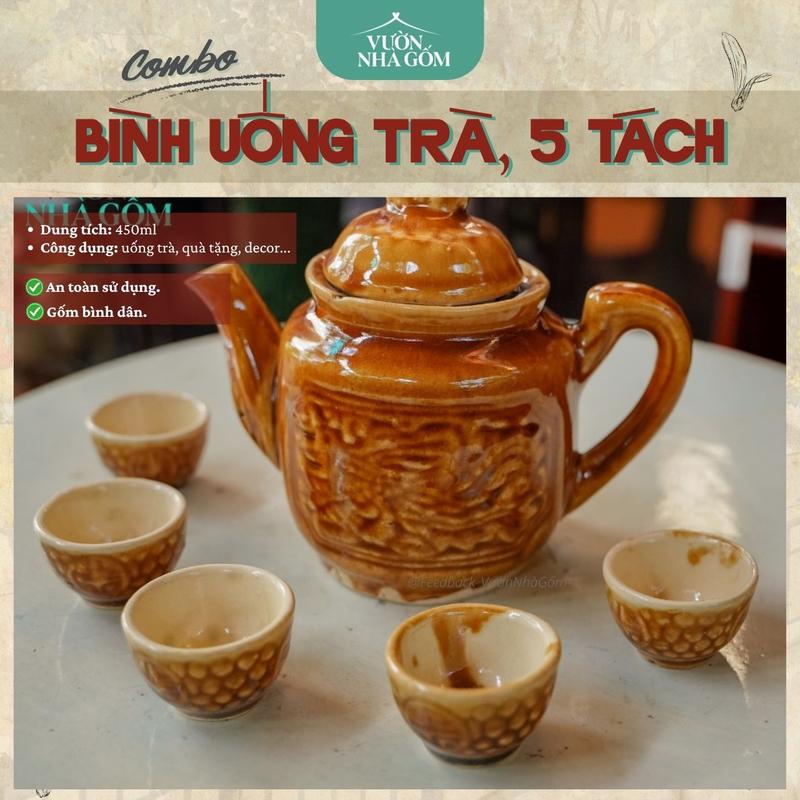 Set bình trà và 5 tách bầu nhỏ, Set uống trà dân dã xưa- Vườn Nhà Gốm binh dung