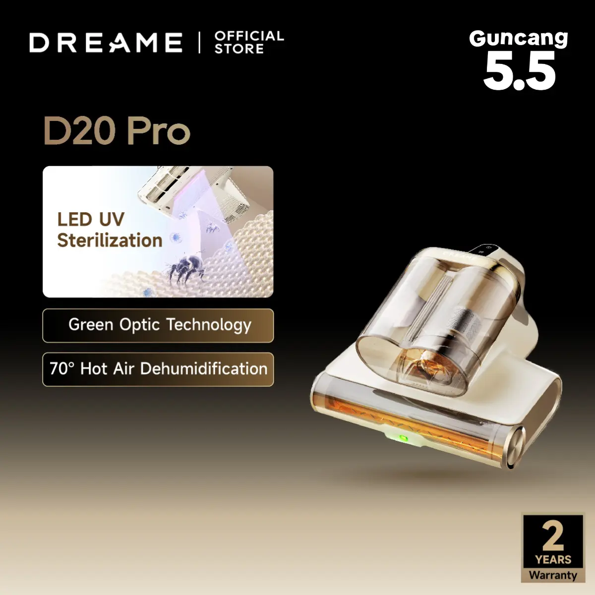 Dreame D20 Pro Mite Remover Vacuum Vakum | 55 ℃ Sun Exposure | 70 ℃ Hot Air Dust | 15500Pa High Suction | Green LED Light Hijau | Vacuum Cleaner Kasur Sofa