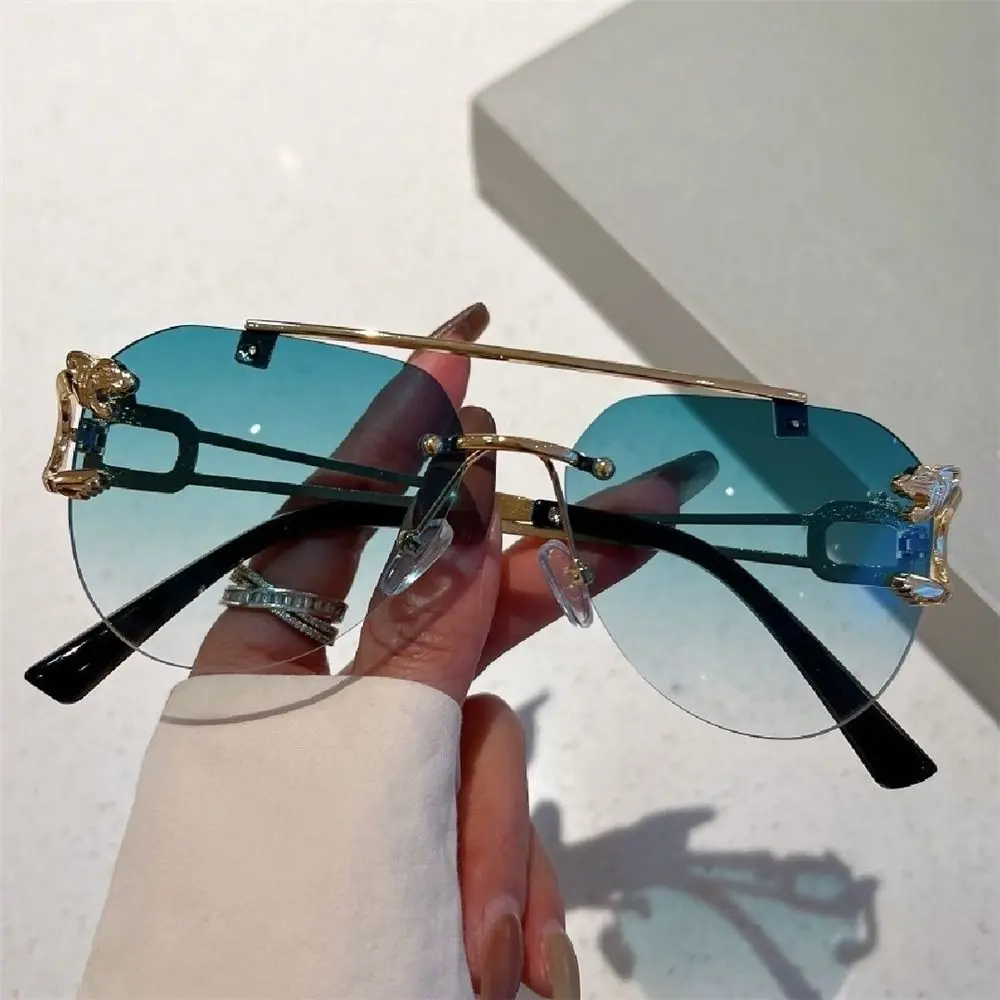 Trendy Rimless Cheetah Decor Sunglasses Gradient UV400 Shades Double Bridge Sun Glasses for Women & Men