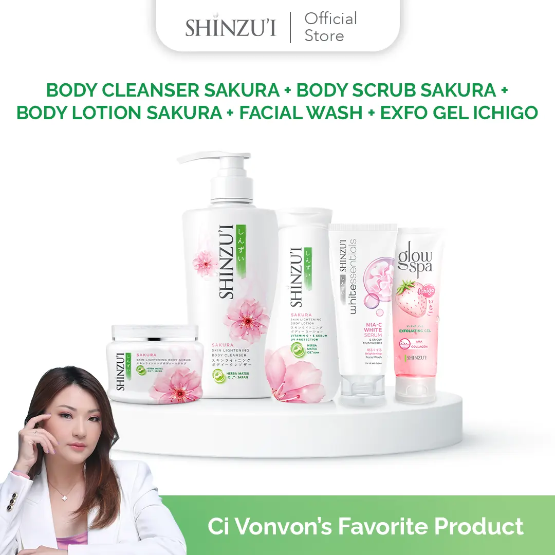 (DCT) Shinzui -  Body Cleanser Pump 480ml+Glow Spa 130ml+Scrub 200gr+Body Lotion 210ml+Facial Wash Whiteessentials 80ml