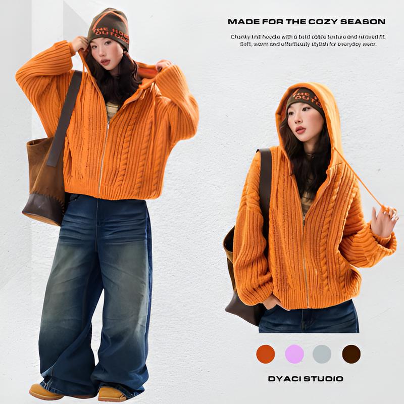 CABLE HOODED ZIP KNIT-DYACI Áo Len Khóa Kéo Dệt Kim Sợi Thừng Nổi, Form Rộng Có Mũ, Phong Cách Vintage Mùa Đông A102