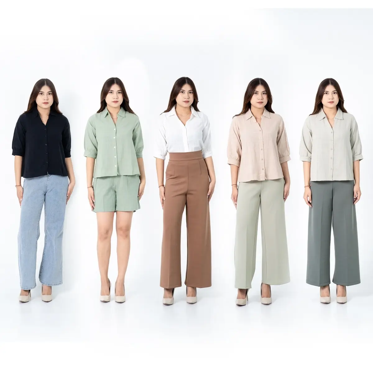 I Look Daily Ruby Linen Shirt wanita atasan Kerja Panjang Baju Oversize Basic Pendek Formal Kancing Kerah Nyaman Kantor Kombinasi Tangan Variasi Simple Dewasa Hitam Putih Casual