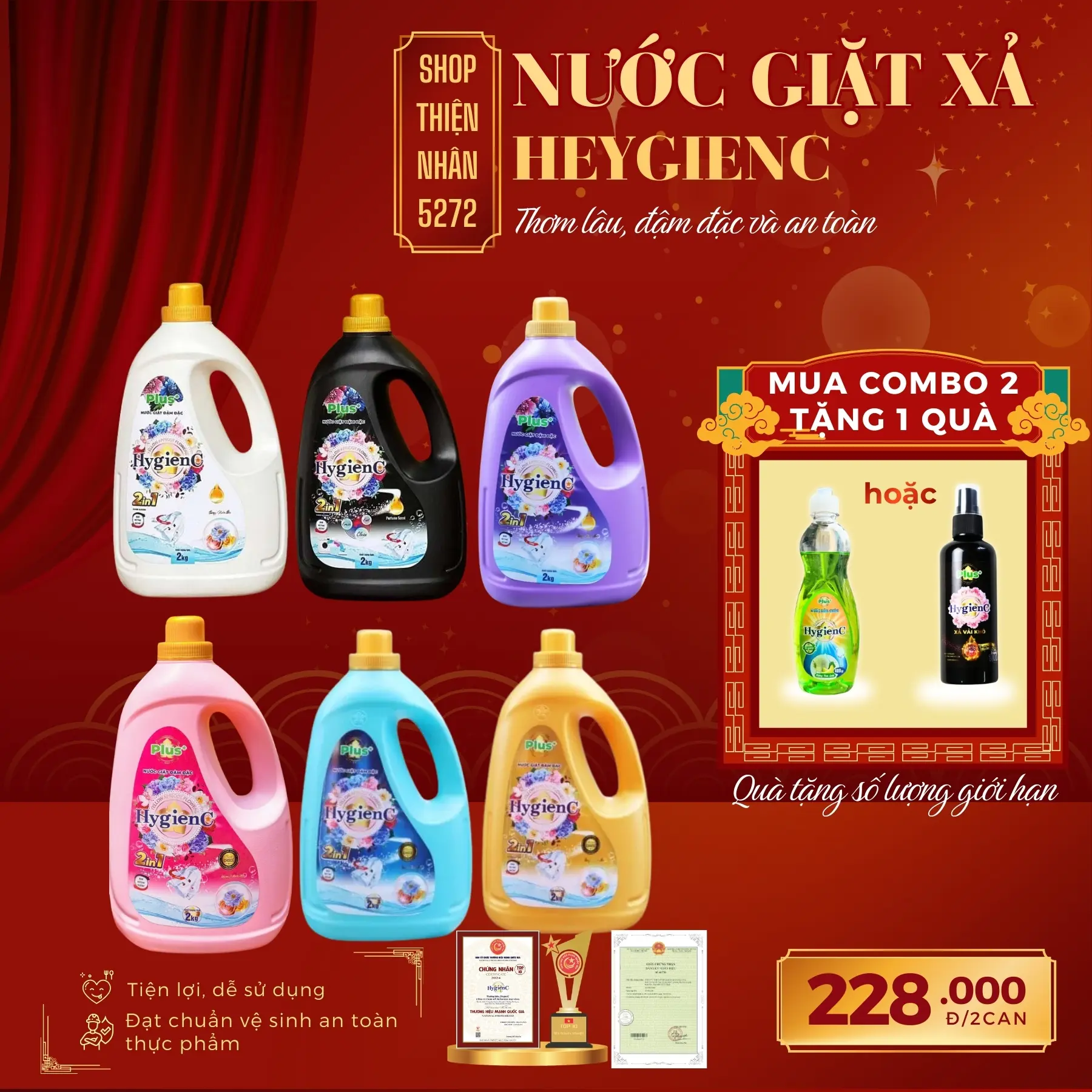Combo 4Kg Nước Giặt Xả HygienC Plus+ Việt Nam 2in1 Can 2kg/ Can - Tặng Kèm 1 Rửa Chén Hoặc Xịt Khô