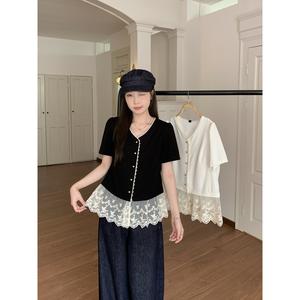 Baju Gaya Perancis, Gaya Musim Panas, Saiz Besar Sedikit Gemuk, Renda Elegan dan Muda, dengan Penyambungan, Kesan Pelangsingan Badan,  Atas 63980