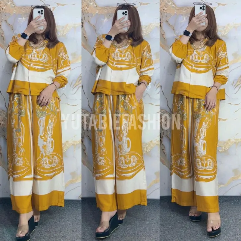 ONE SET CROP SETELAN CELANA KULOT WANITA HIGHTWAIST LENGAN 7/8 RAYON PREMIUM BUSUI FRIENDLY KANCING - SETELAN MOTIF CELANA KULOT BARU 3