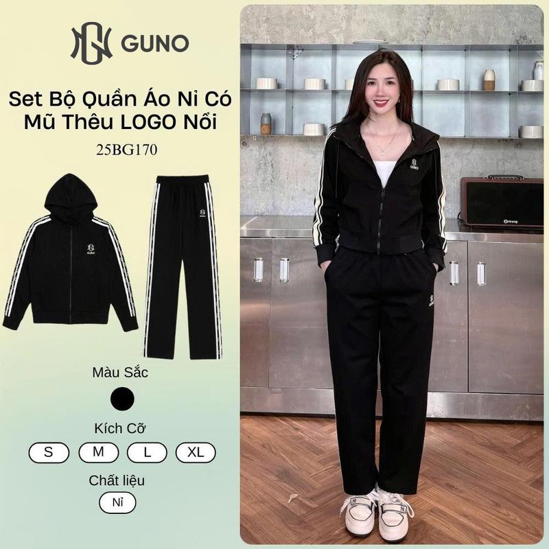 GUNO-Bộ quần áo nỉ UMI NỮ GUNO có mũ kéo khóa sọc tay chữ nỗi SP5 | 25BG170