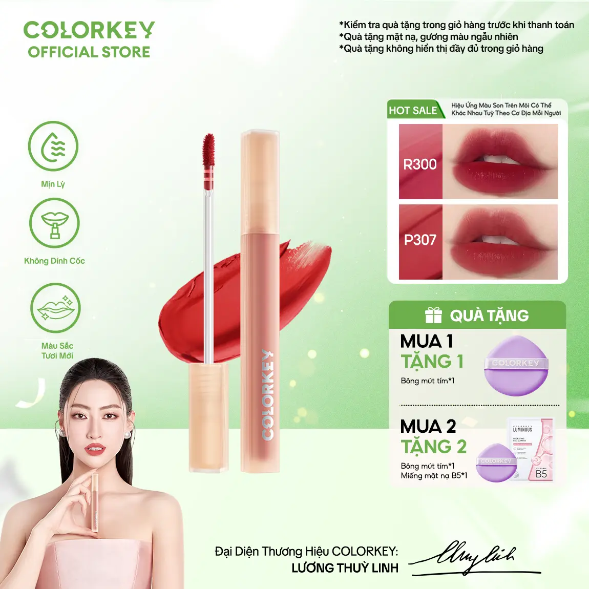 Son COLORKEY Watery Tint Bền Màu Lâu Trôi, Không Dính Cốc, Siêu Mịn Môi 1.8g.
