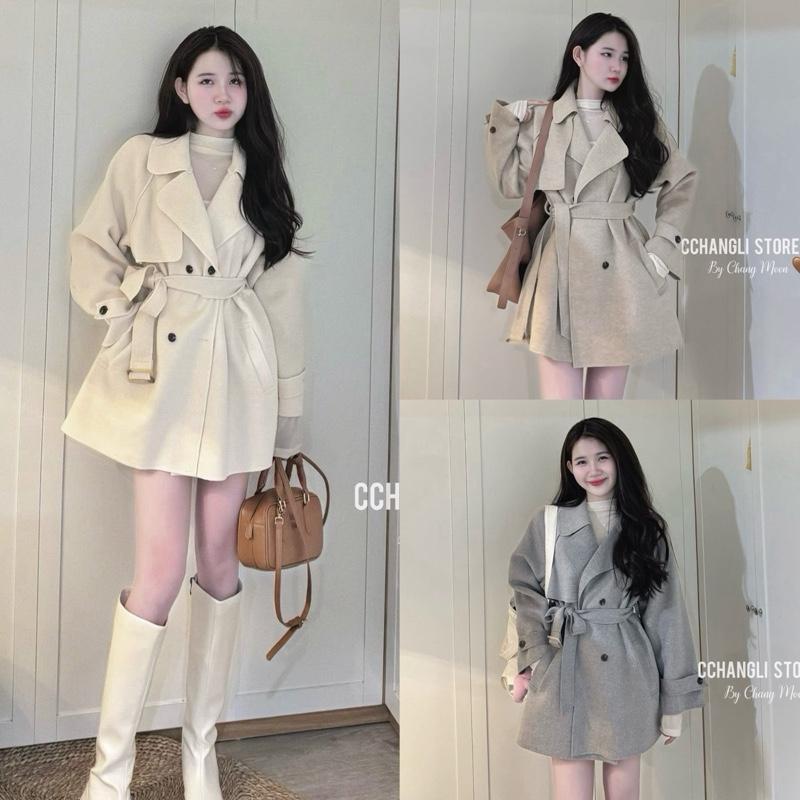2LỚP Áo khoác dạ ép măng tô dáng lửng cho nữ kèm dây đai phong cách Hàn Quốc mùa thu đông