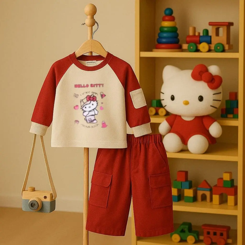 Setelan Anak Perempuan Hello Kitty Celana Cargo Usia 3-12 Tahun - Fashion Baju Suits & Sets