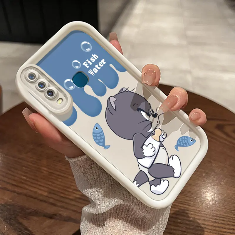 Casing Hp VIVO Y17 Y15 Y12 Y12i Y3 Y3s 2020 Case ponsel pola kucing dan tikus paket lengkap Anti Drop warna hitam dan putih pelindung silikon Softcase Kesing