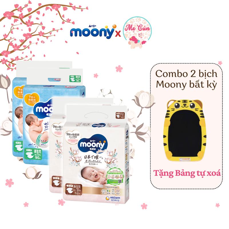 (Tặng Bảng tự xoá) Bộ 2 bịch Tã quần, dán Moony Xanh, Moony Natural Bông Hữu cơ Cao Cấp NB62/S58/M46/L38/XL32 Bỉm Quần
