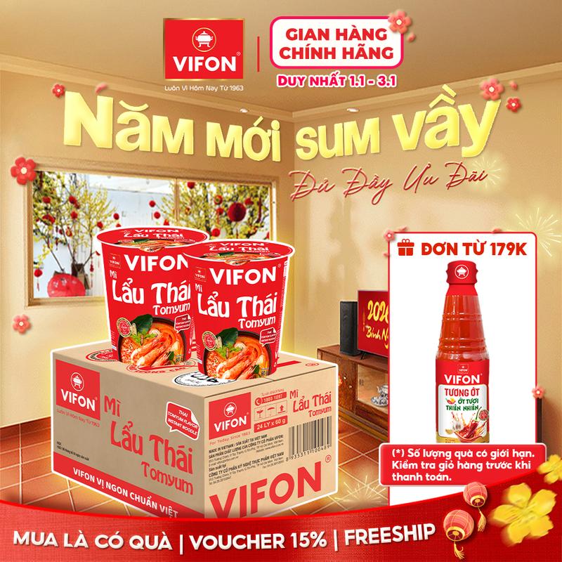   VOUCHER HOT 15%  Thùng 24 ly Mì Ly Lẩu Thái Tomyum  Lẩu Thái Tôm Chay  Bò  Gà  Kim Chi VIFON 60g   Ly 